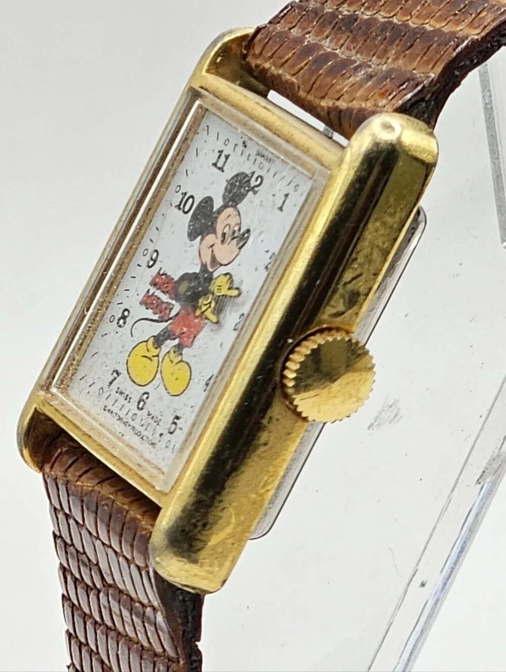 Rare Bradley Mickey Mouse Gold Rectangular 015S Swiss Made Wristwatch Running